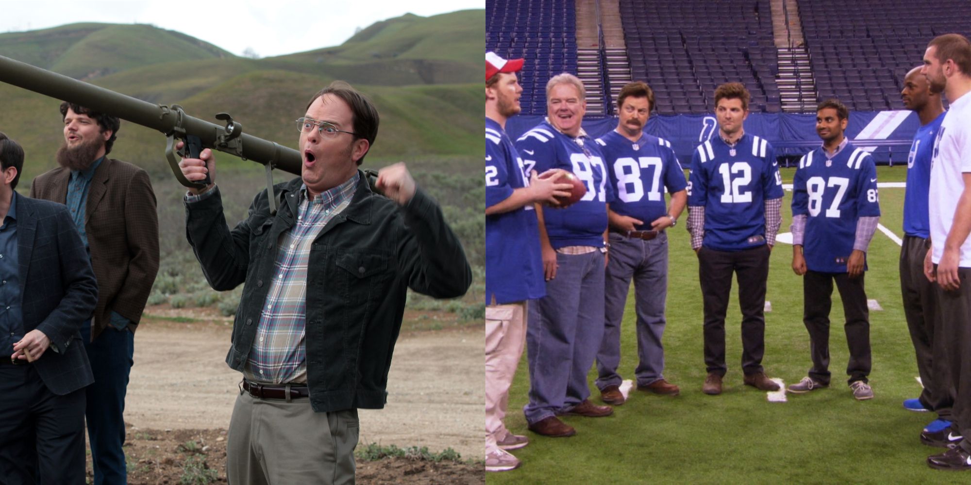 Dwight Schrute holding a bazooka and Parks and Rec cast at Lucasoil stadium wearing Colts jerseys