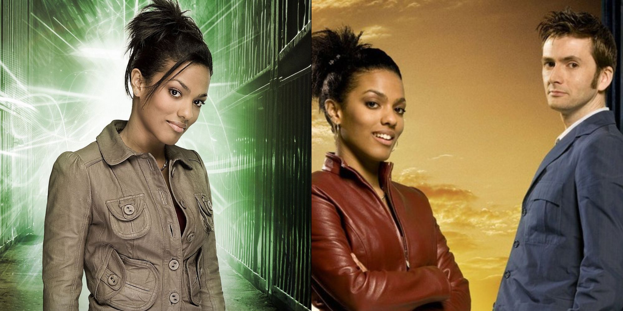 Split image showing Martha Jones alone and with the Tenth Doctor in Doctor Who.