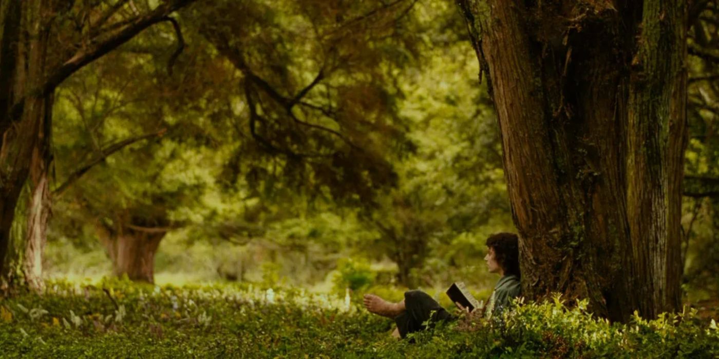 Frodo lendo debaixo de uma árvore no Condado from O Senhor dos Anéis