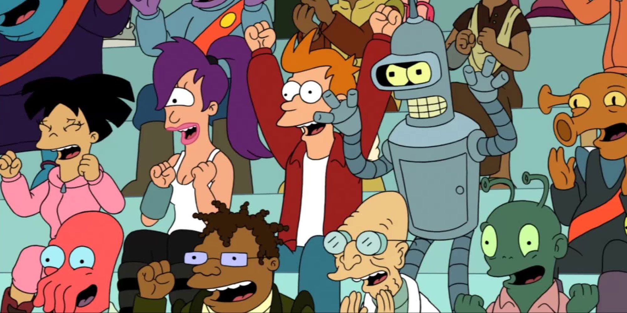 Futurama characters cheering in the stands