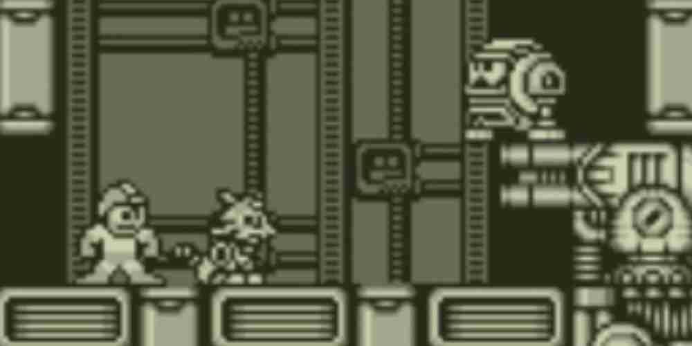 Mega Man e seu gato robô Tango encontram um robô em Mega Man V no Game Boy.
