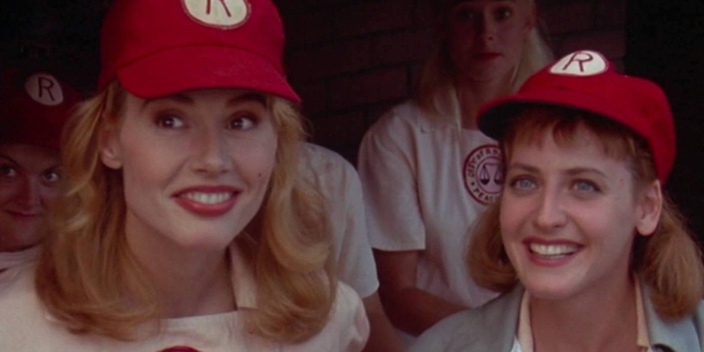 Dottie and Kit smiling in the dugout in A League of Their Own