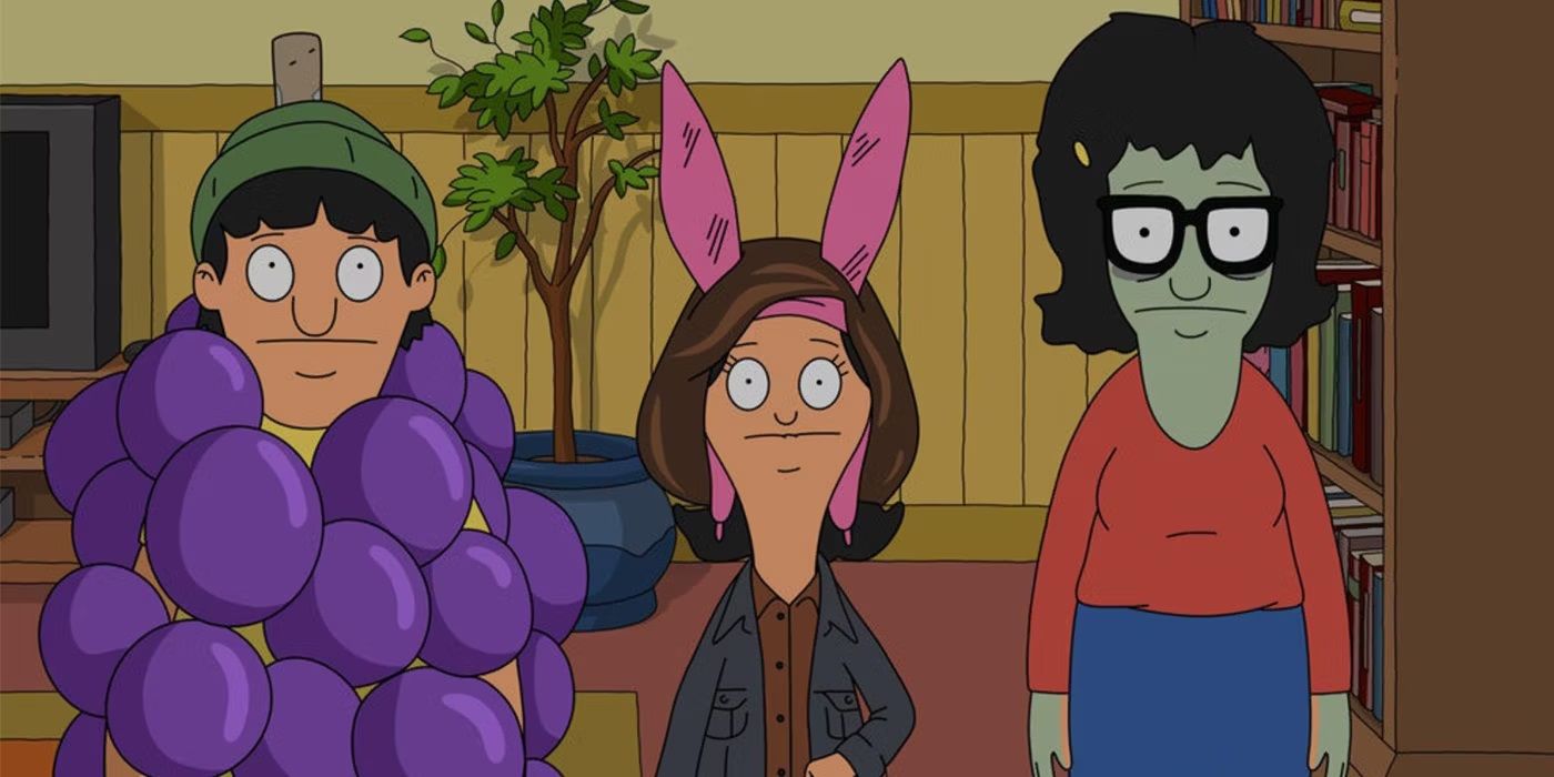 Gene as grapes, Louise as Anton Chigurh, and Tina as a mom-bie in Bob's Burgers