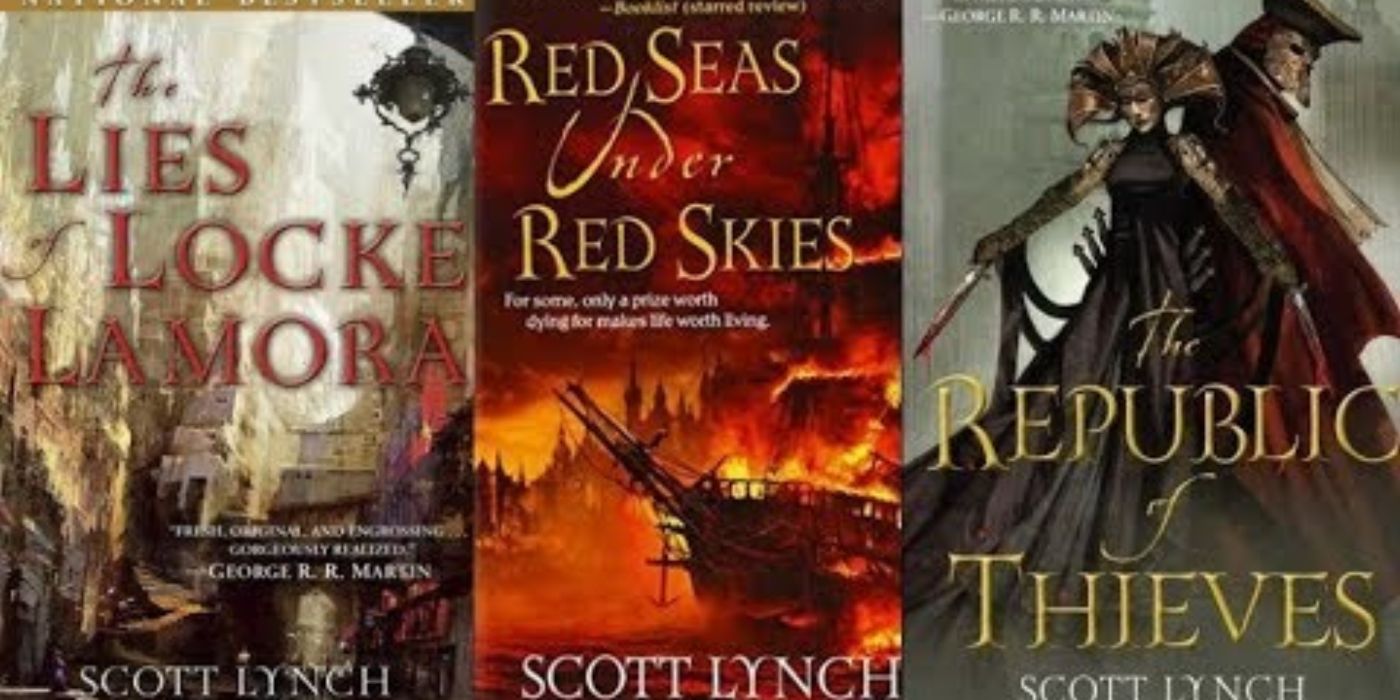 Cover art for the novels The Lies of Locke Lamora, Red Seas Under Red Skies, and The Republic of Thieves.