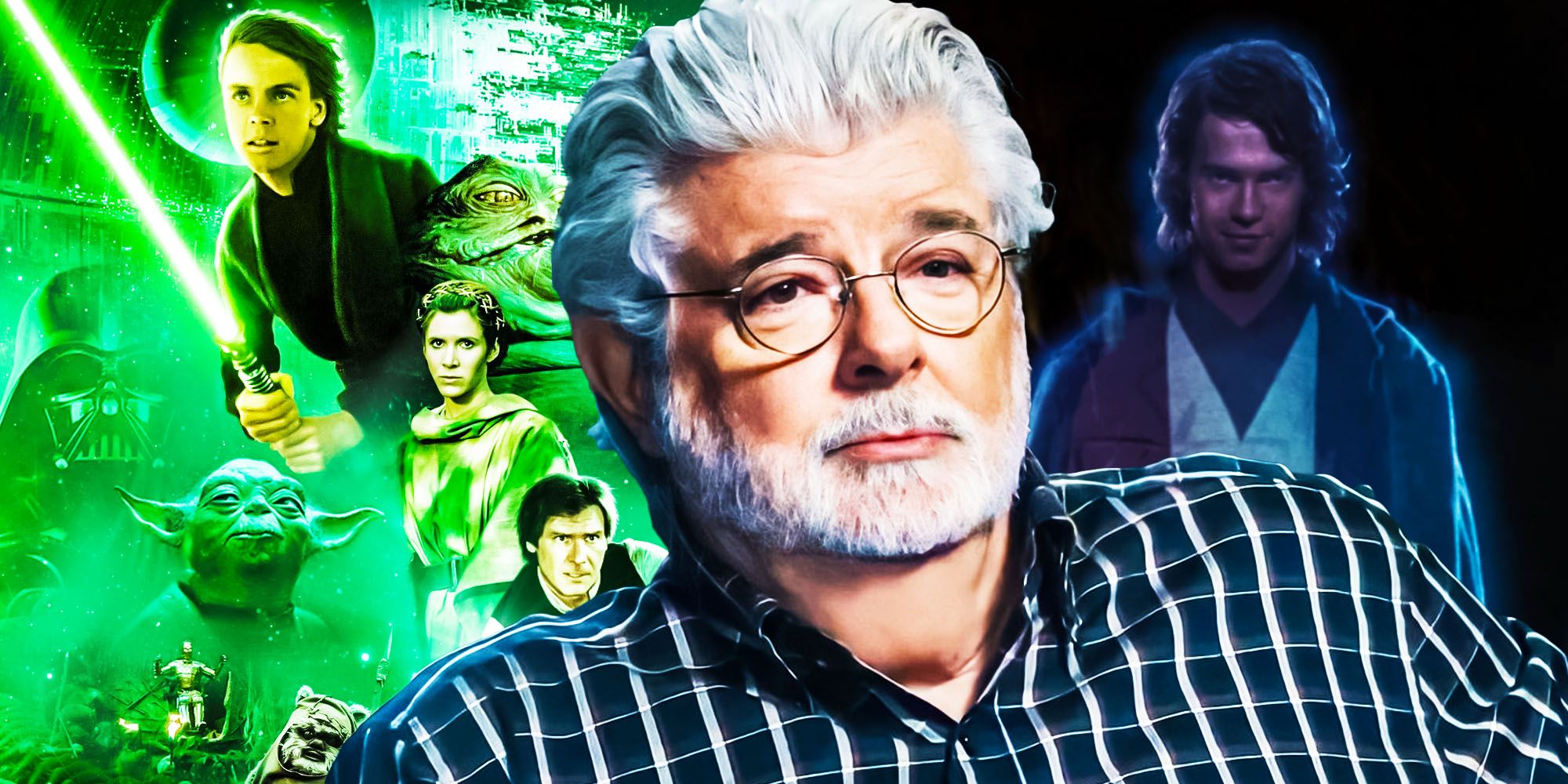 George Lucas with ensemble from Return of the Jedi plus Hayden Christensen force ghost montage