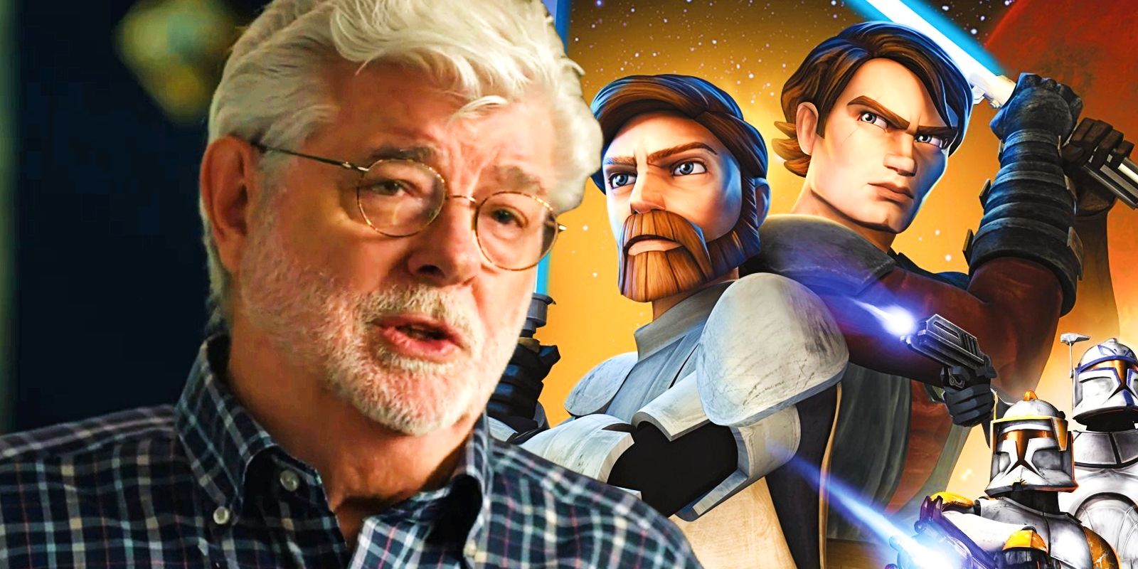 George Lucas in front of Obi-Wan Kenobi and Anakin Skywalker
