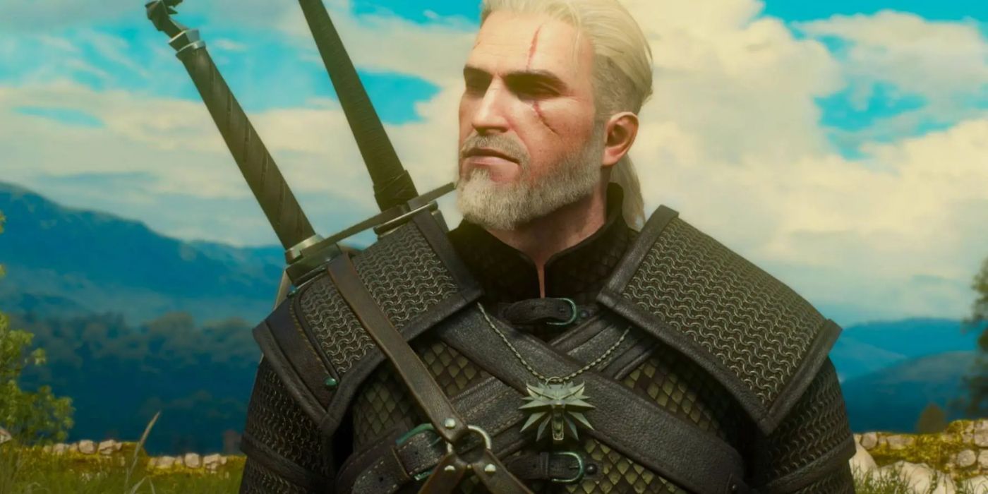 Geralt wearing his witcher armor with the vibrant land of Toussaint in the background.