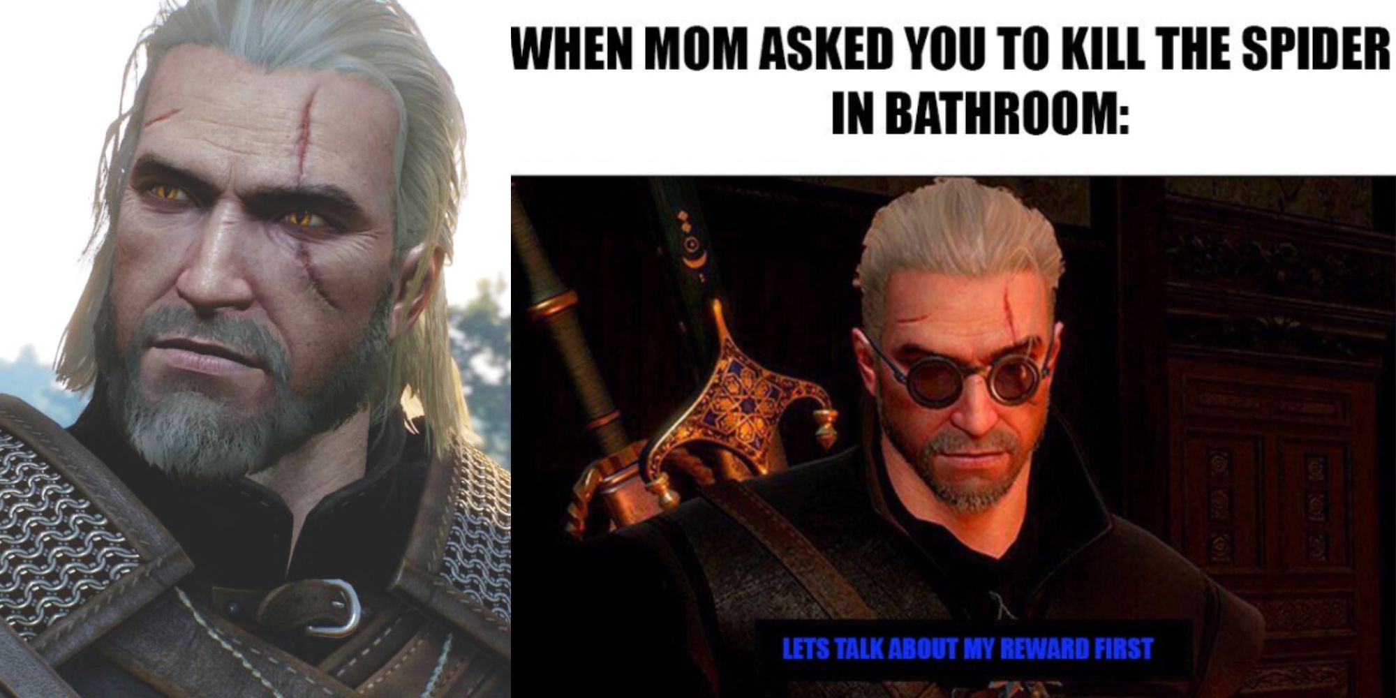 Geralt in The Witcher 3 and a Geralt meme