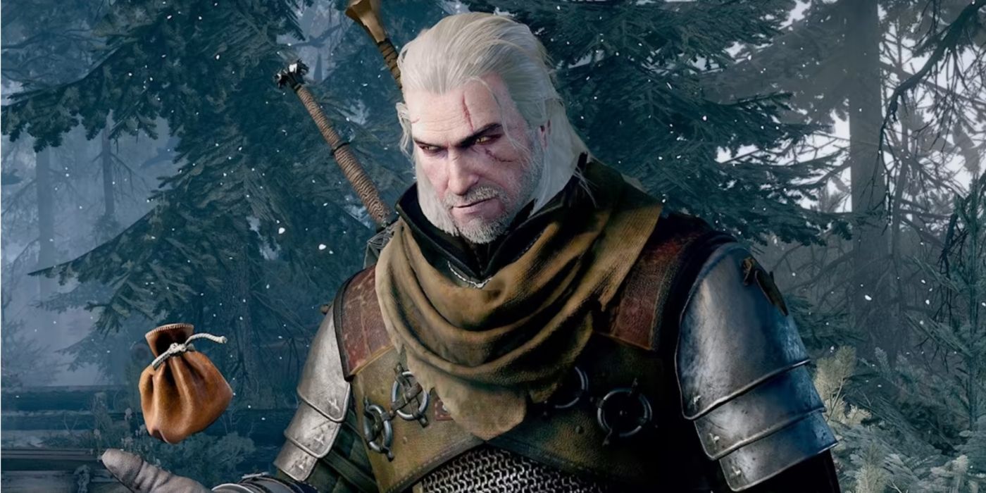 Geralt tossing a bag of coins in The Witcher 3 promo art.