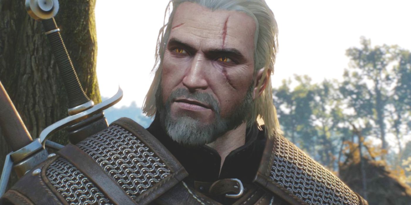 Geralt vestindo sua armadura e espadas nas costas em The Witcher 3.
