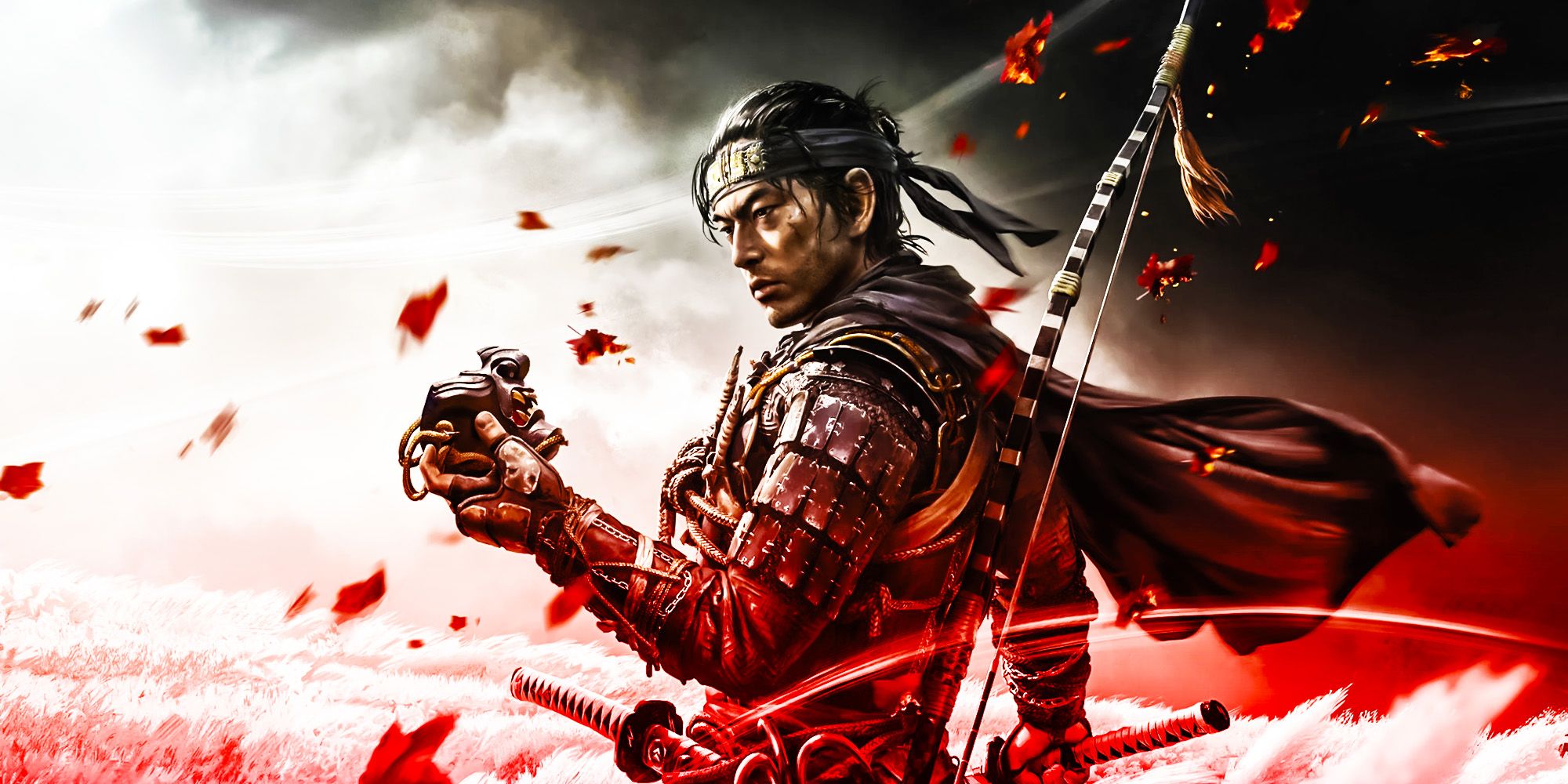 A character with flower petals flying around him in Ghost Of Tsushima.