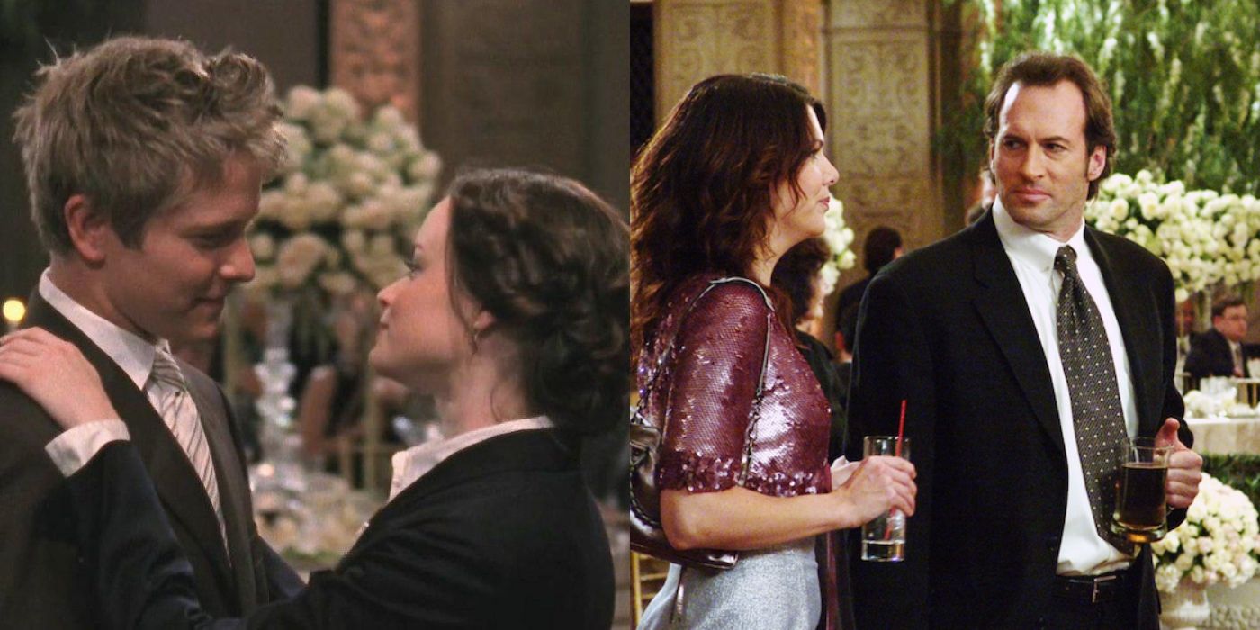 Split image of Logan and Rory dancing and Lorelai and Luke standing together on Gilmore Girls