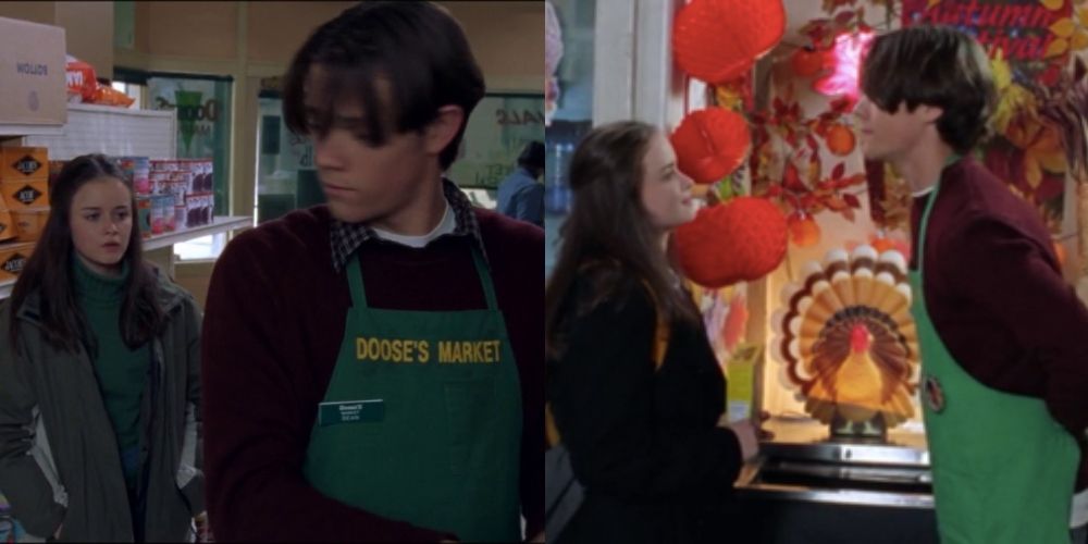 Split image of Dean and Rory standing in Doose's Market in Gilmore Girls