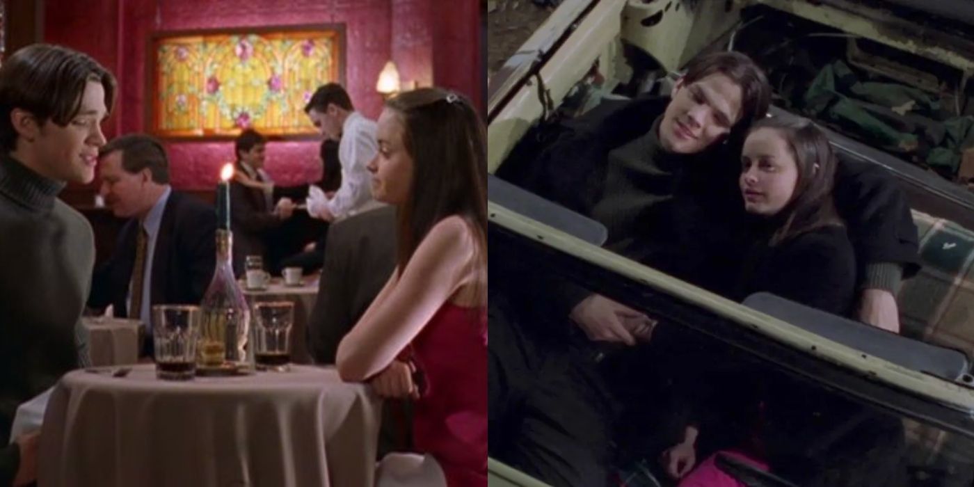 Split image of Dean and Rory having dinner and sitting in a car on Gilmore Girls