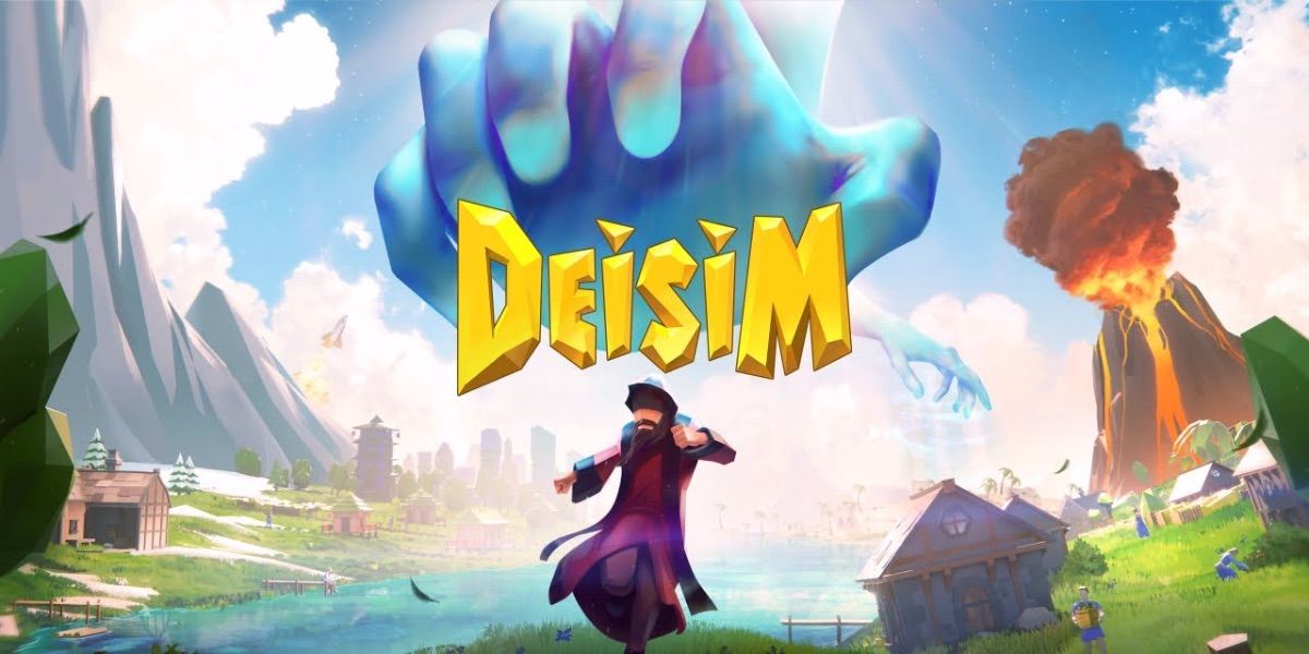 A promo image for Deisim featuring a godly hand reaching towards a man. 