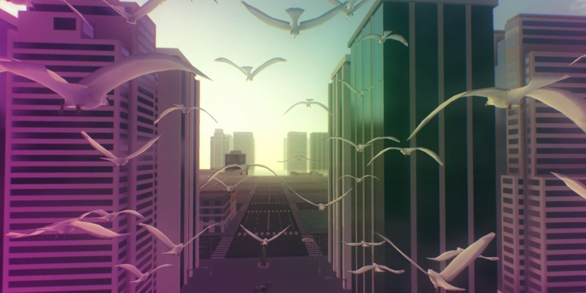 Birds fly through a city in Everything 