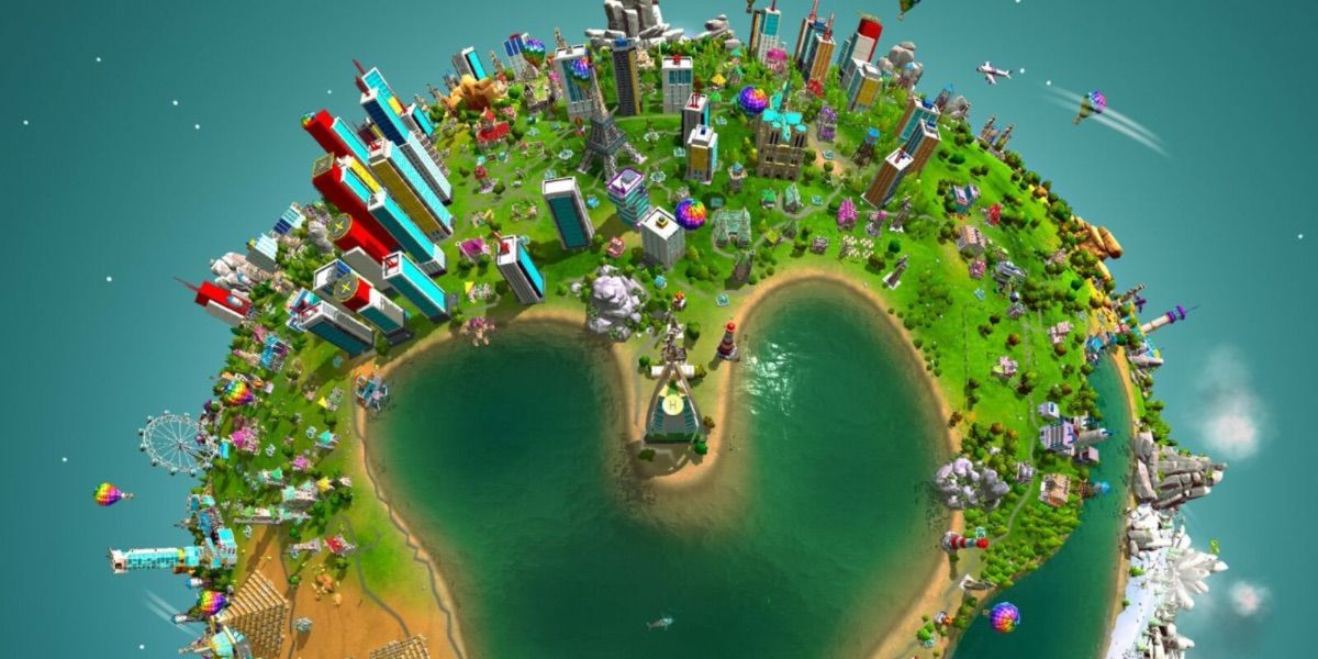 Buildings extend off of the planet from Universim 