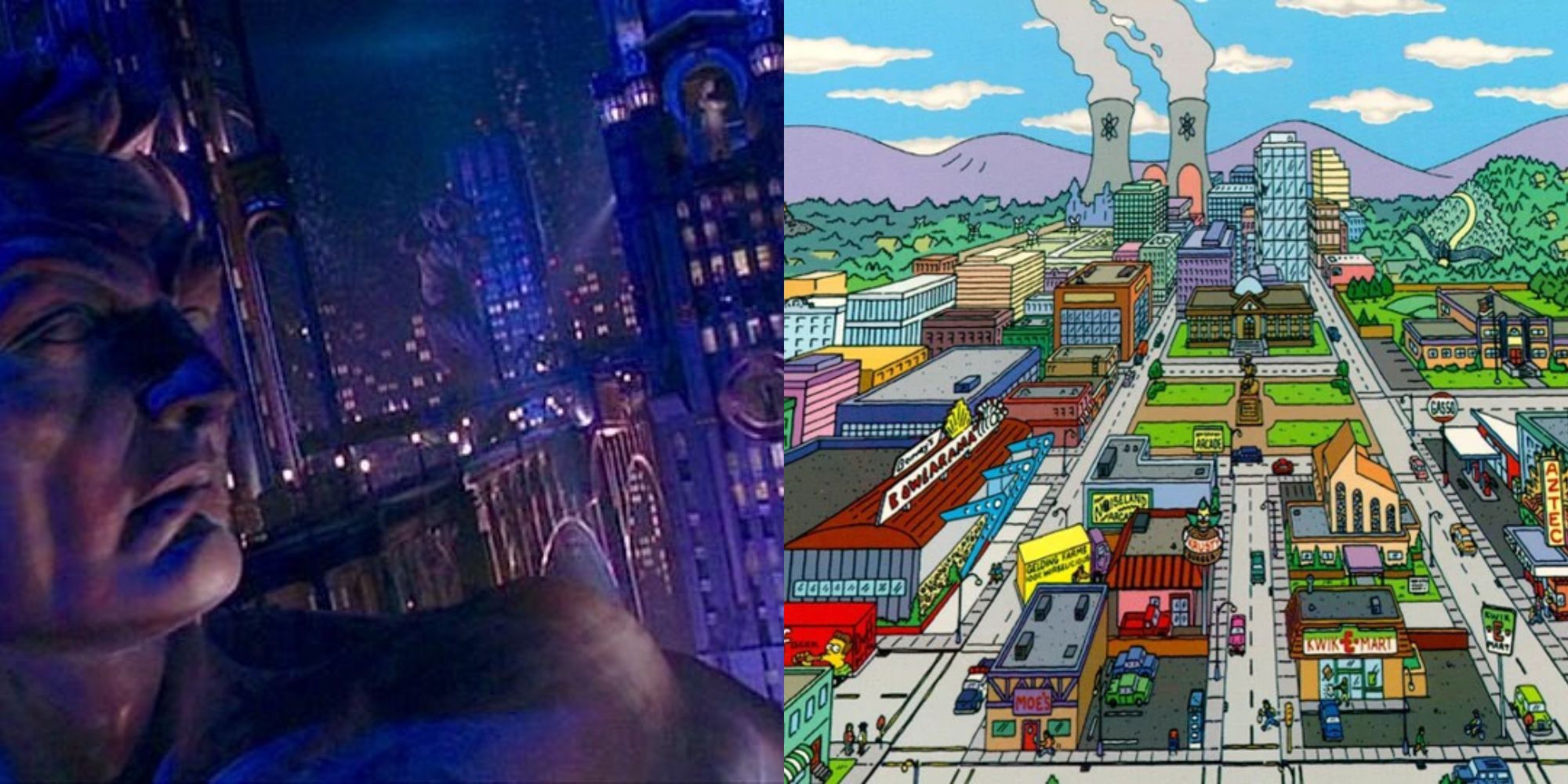 Split image showing Gotham City in Batman & Robin and Springfield in The Simpsons.