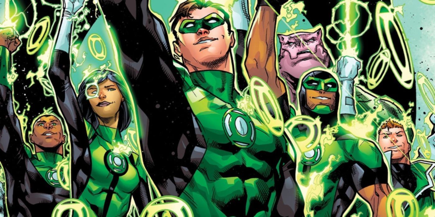 Des membres du Green Lantern Corps levant leurs bagues.