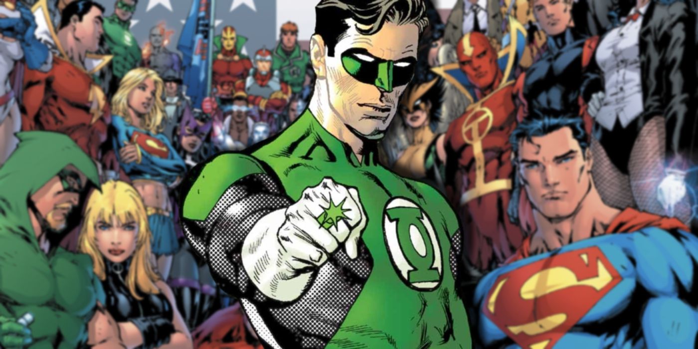Green Lantern in front of the Justice League heroes