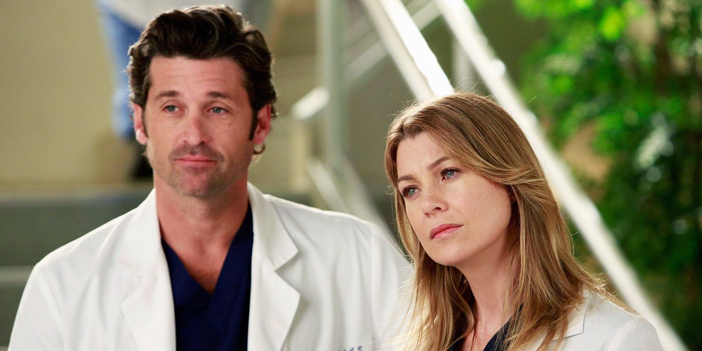 Derek and Meredith standing together on Grey's Anatomy