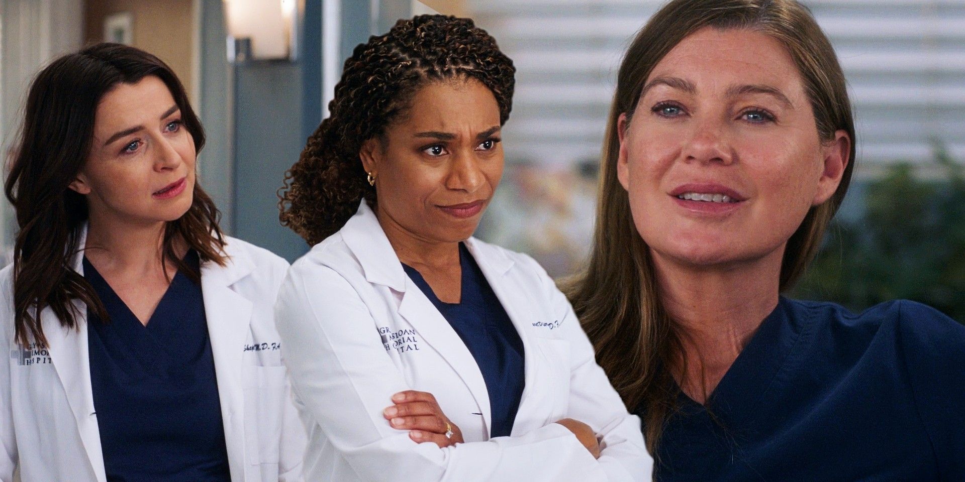 Caterina Scorsone as Amelia, Kelly McCreary as Maggie and Ellen Pompeo as Meredith in Grey's Anatomy.