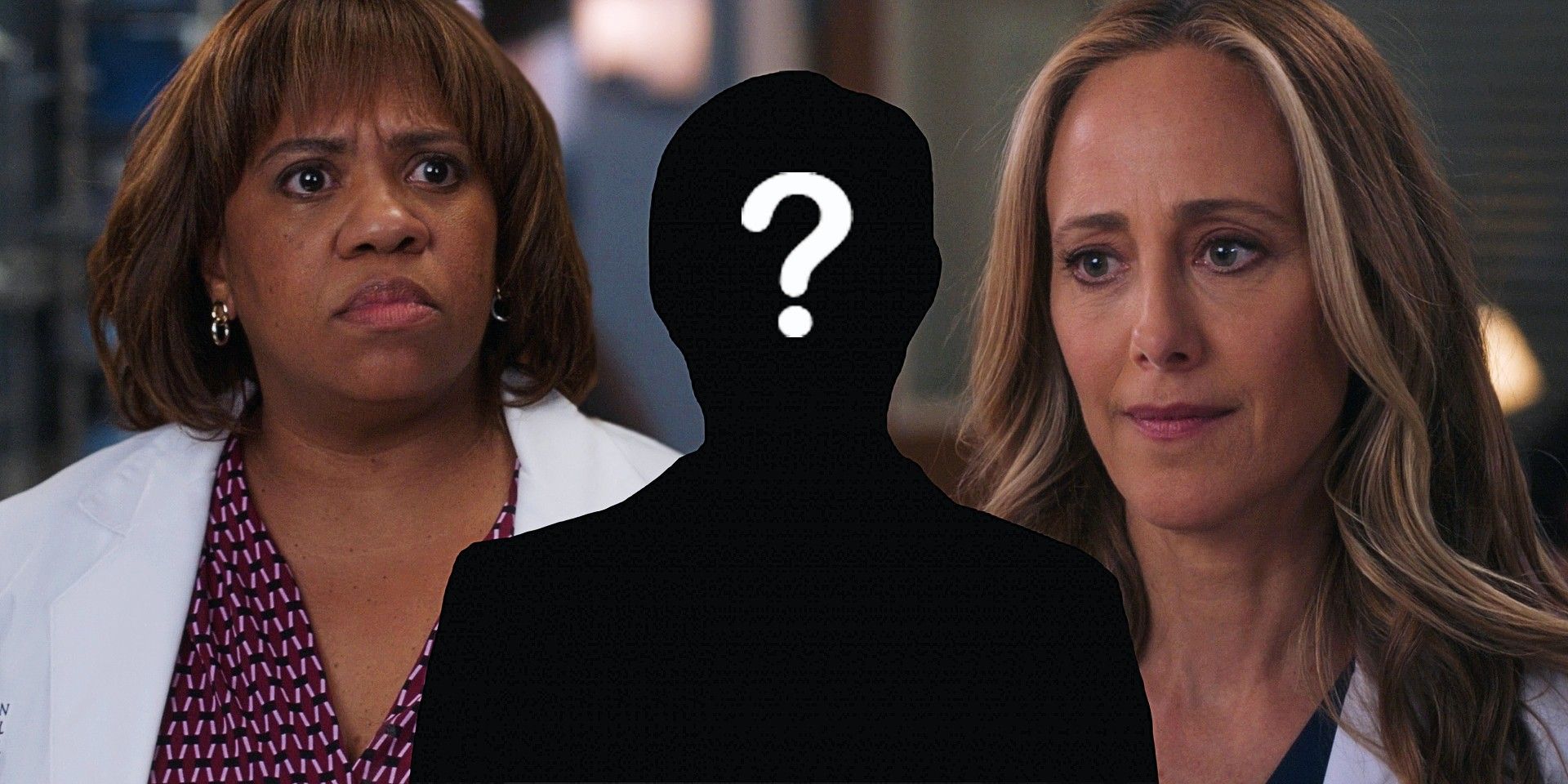 Chandra Wilson as Miranda Bailey and Kim Raver as Teddy Altman and an unknown figure in Grey&rsquo;s Anatomy.