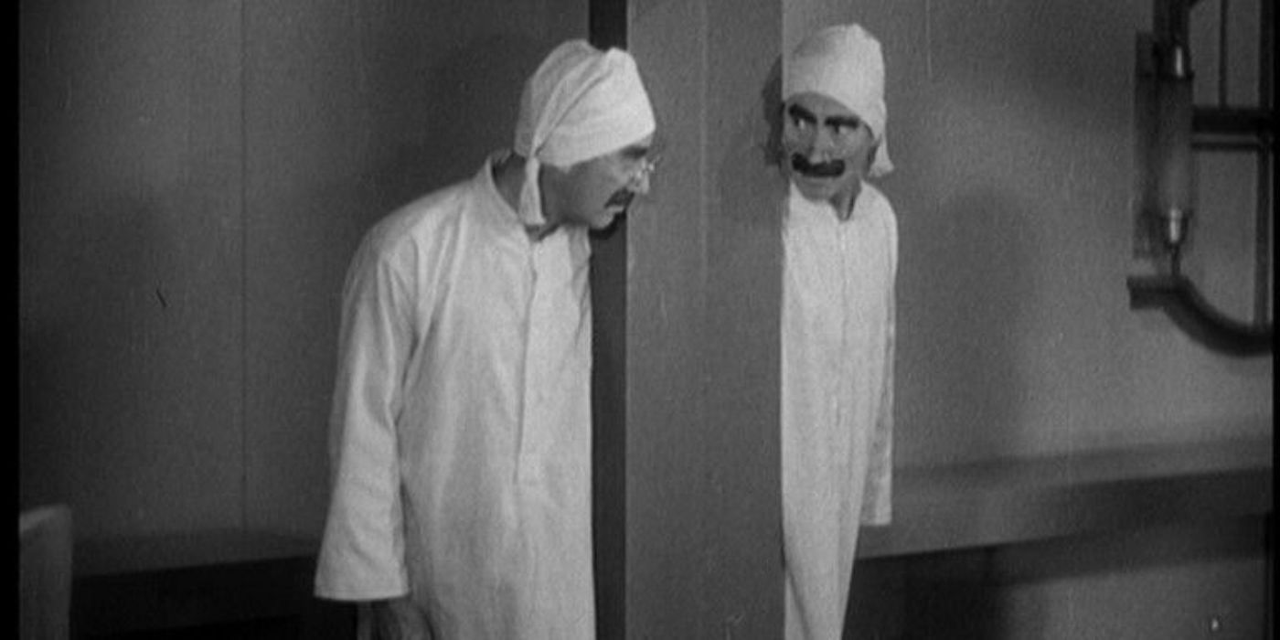 Rufus looking in the mirror in Duck Soup.