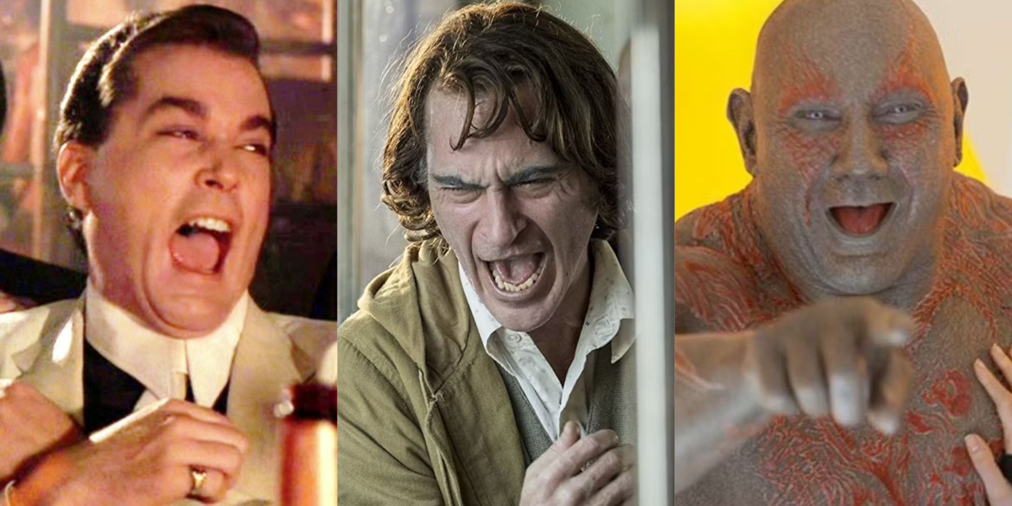 A split image of characters laughing in Goodfellas, Joker, and Guardians of the Galaxy Vol 2