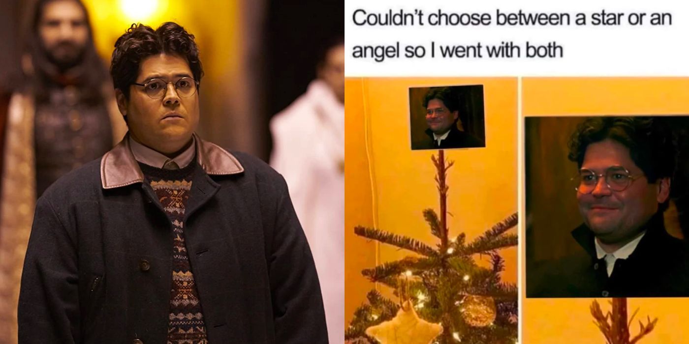 A split image showing Guillermo de la Cruz from What We Do in the Shadows