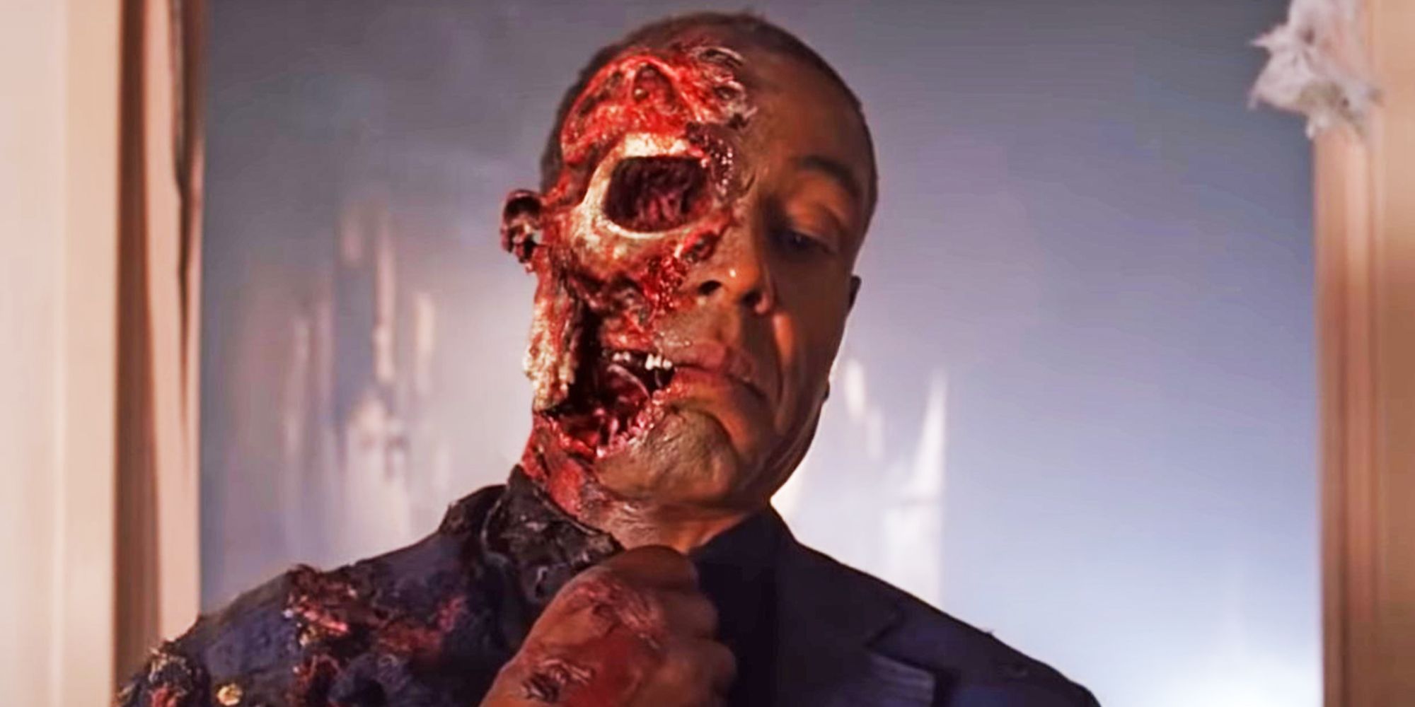 Giancarlo Esposito as Gustavo Fring dying in Breaking Bad season 4 episode 13 with half of his face blown off