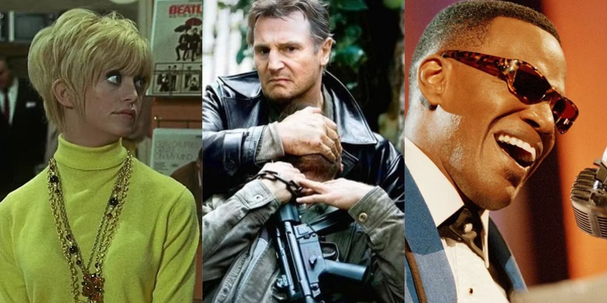 A split image of Goldie Hawn, Liam Neeson, and Jamie Foxx.