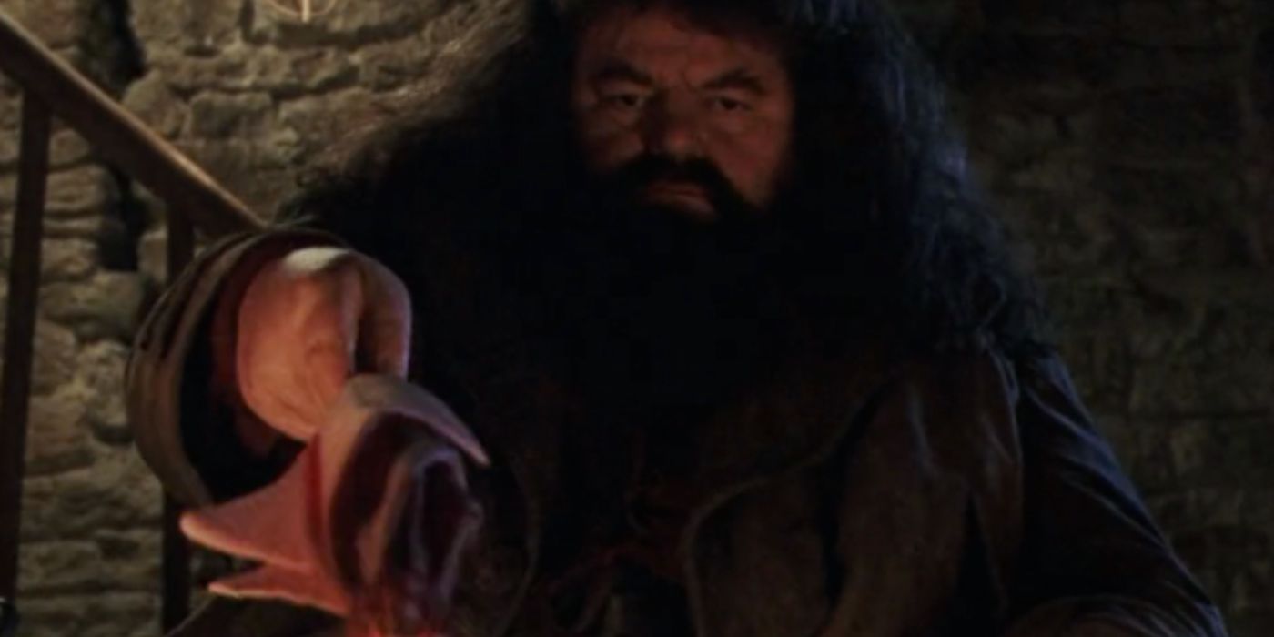 Hagrid cozinha salsichas usando sua varinha improvisada
