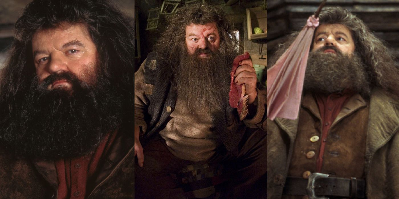 Three vertical images of Hagrid from Harry Potter
