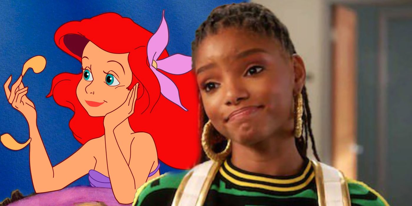 A blended image features the animated Ariel in The Little Mermaid and Halle Bailey appearing in the TV series Grownish