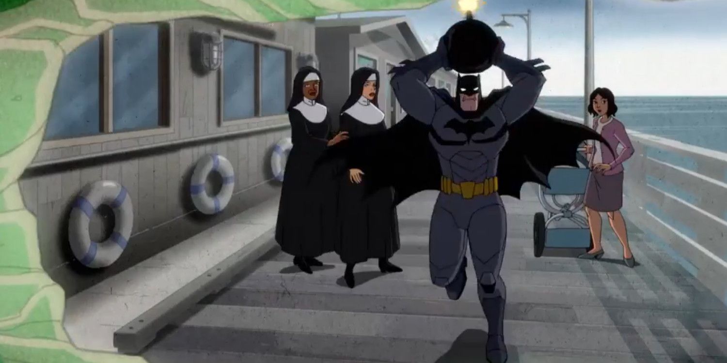 Harley Quinn Batman Runs With Bomb Away From Nuns Like Adam West Batman