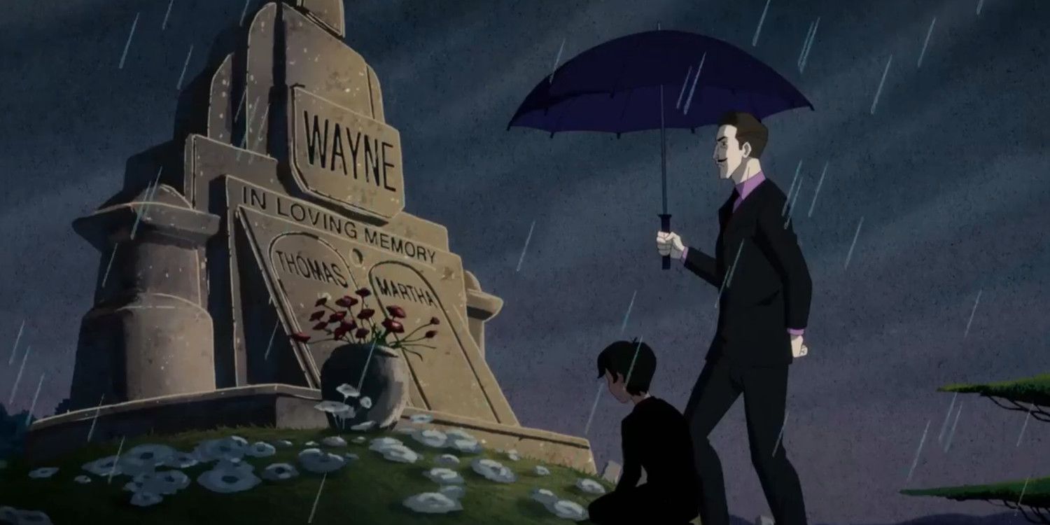 Harley Quinn Bruce Wayne and Alfred Pennyworth at Thomas and Martha Wayne Grave