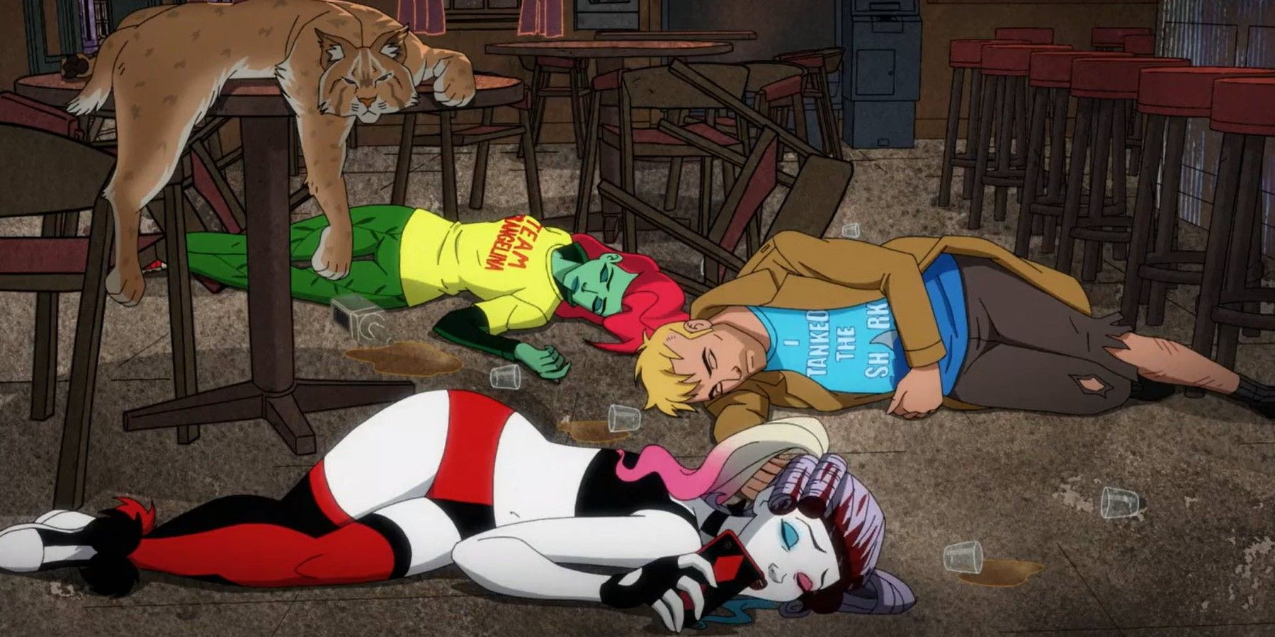 Harley Quinn Show John Constantine Poison Ivy Drunk On Bar Floor