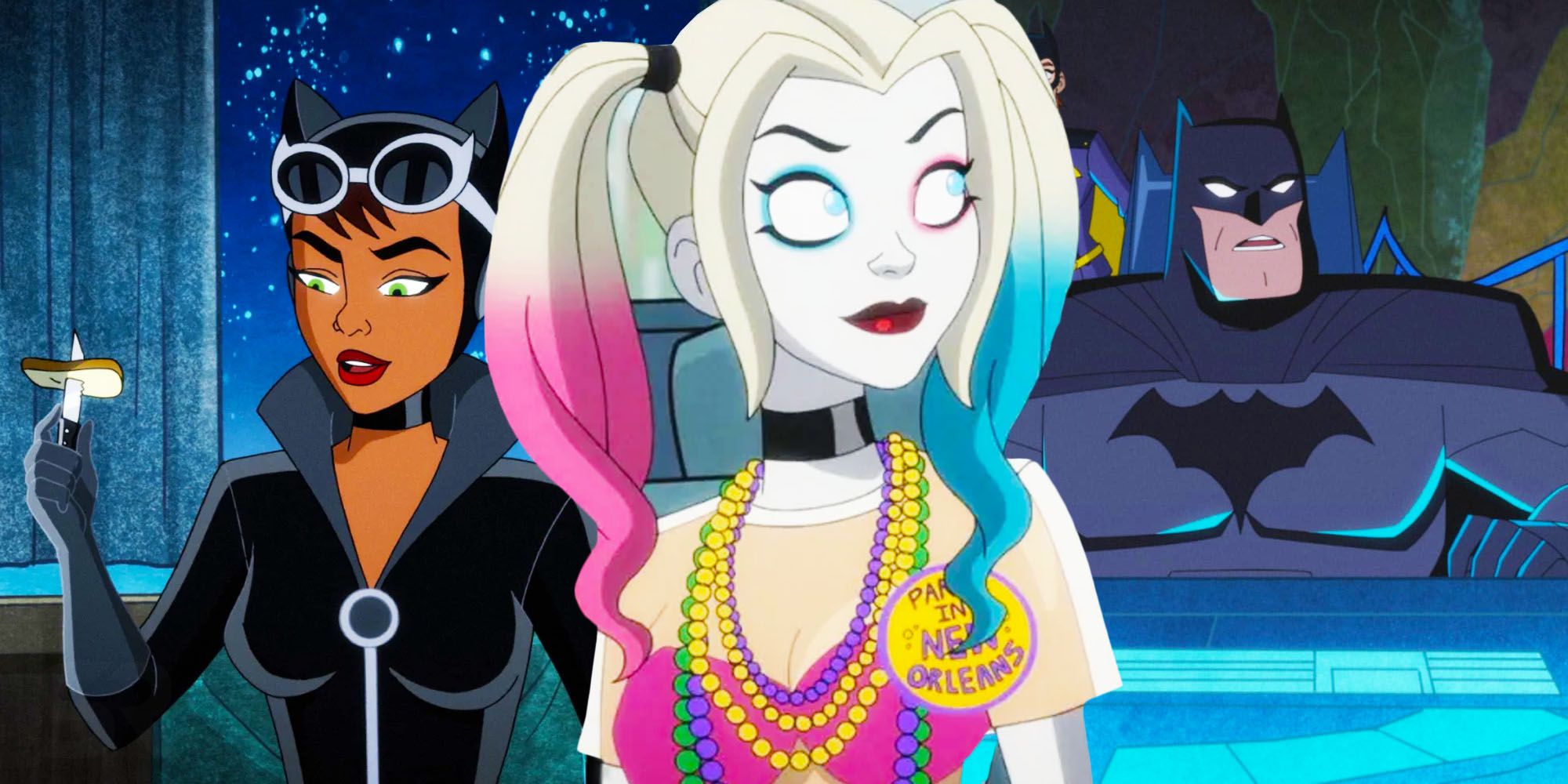 Harley Quinn looks behind her with Batman and Catwoman