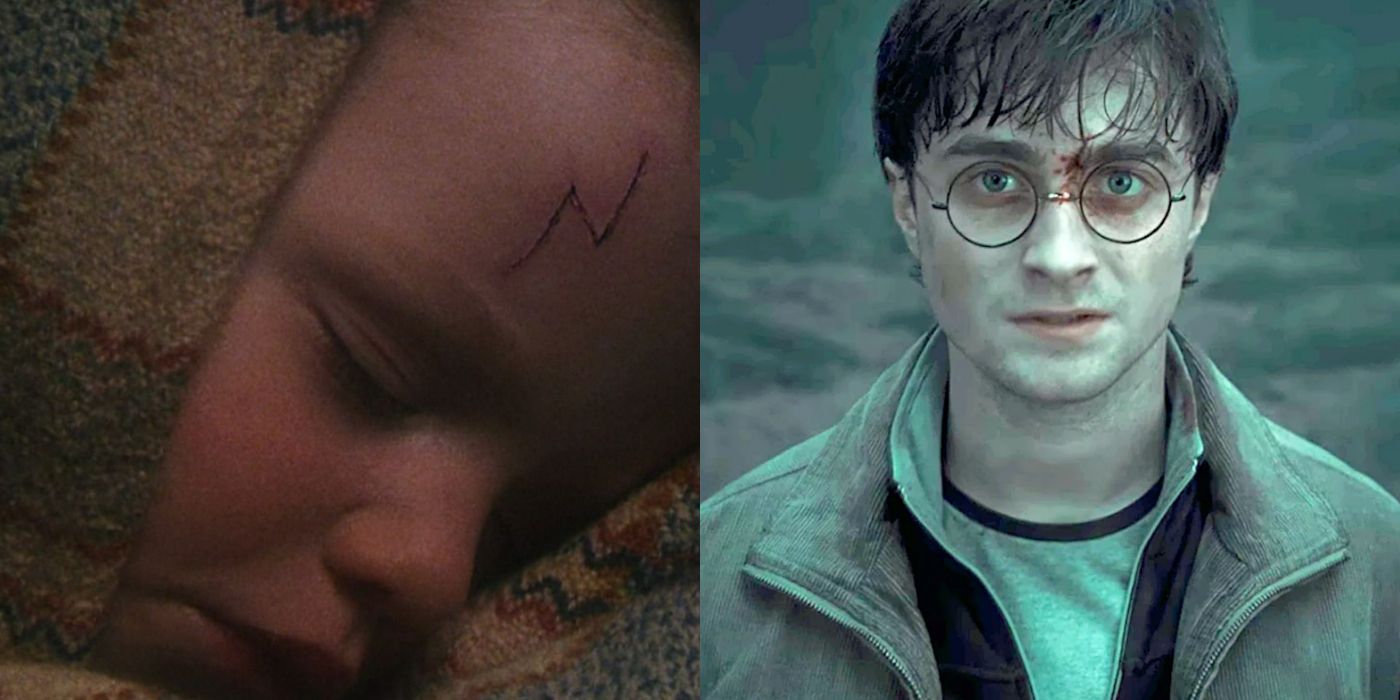 A split image showing Harry as a baby on the left and as a teenager on the right from Harry Potter