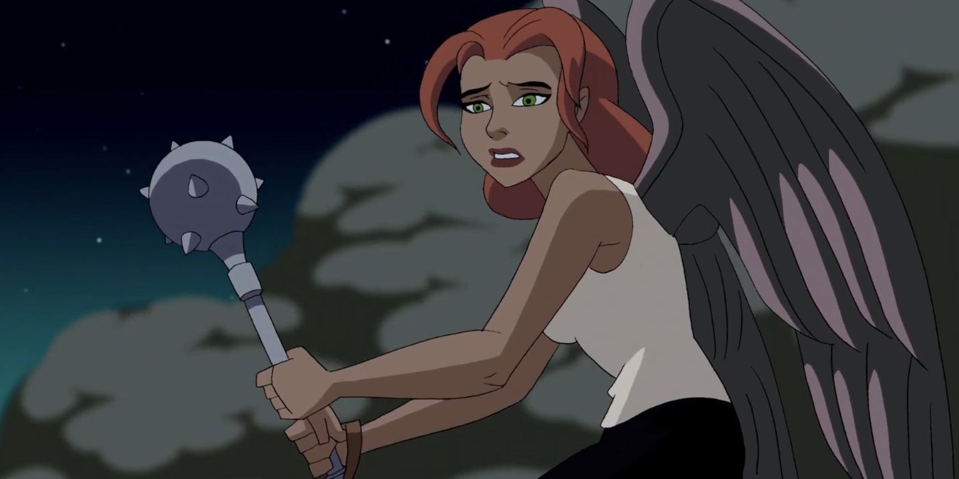 Hawkgirl holding her mace and looking distressed in Justice League Unlimited