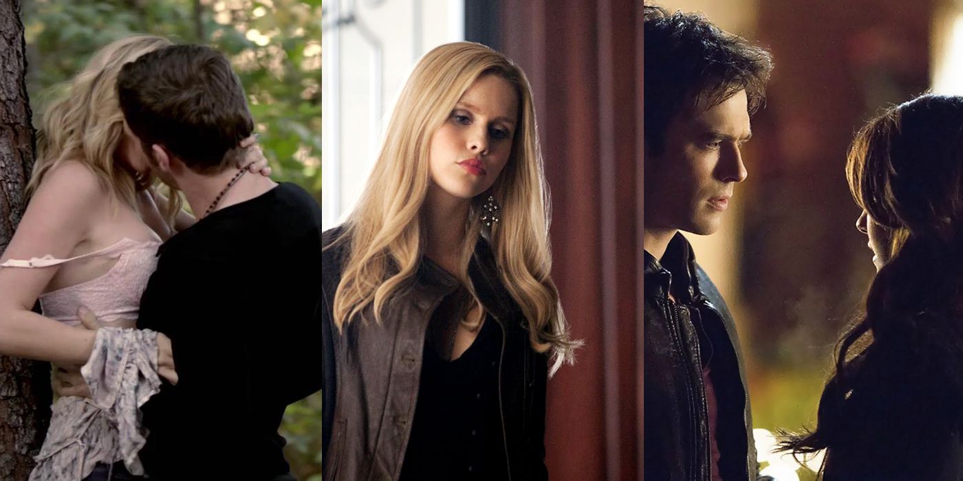 Split image of Klaus and Caroline kissing, Rebekah, and Damon and Elena looking at each other on The Vampire Diaries