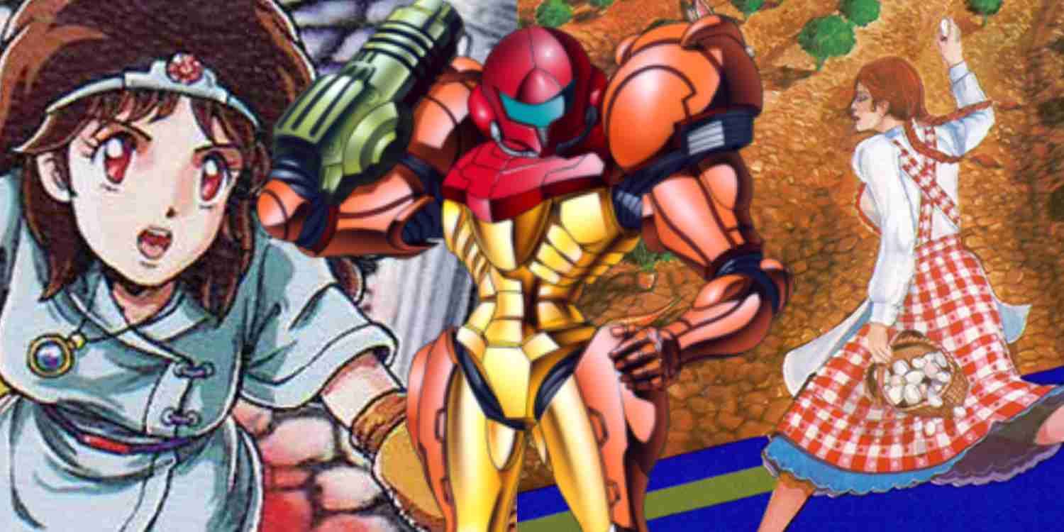 Header of Samus from Metroid flanked by two female protagonists that flank her.