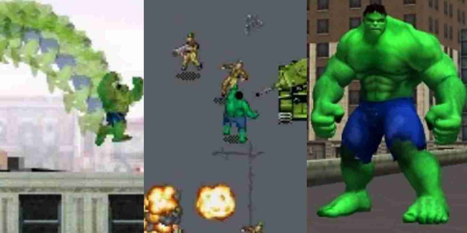 Header for three different video games featuring the Incredible Hulk.