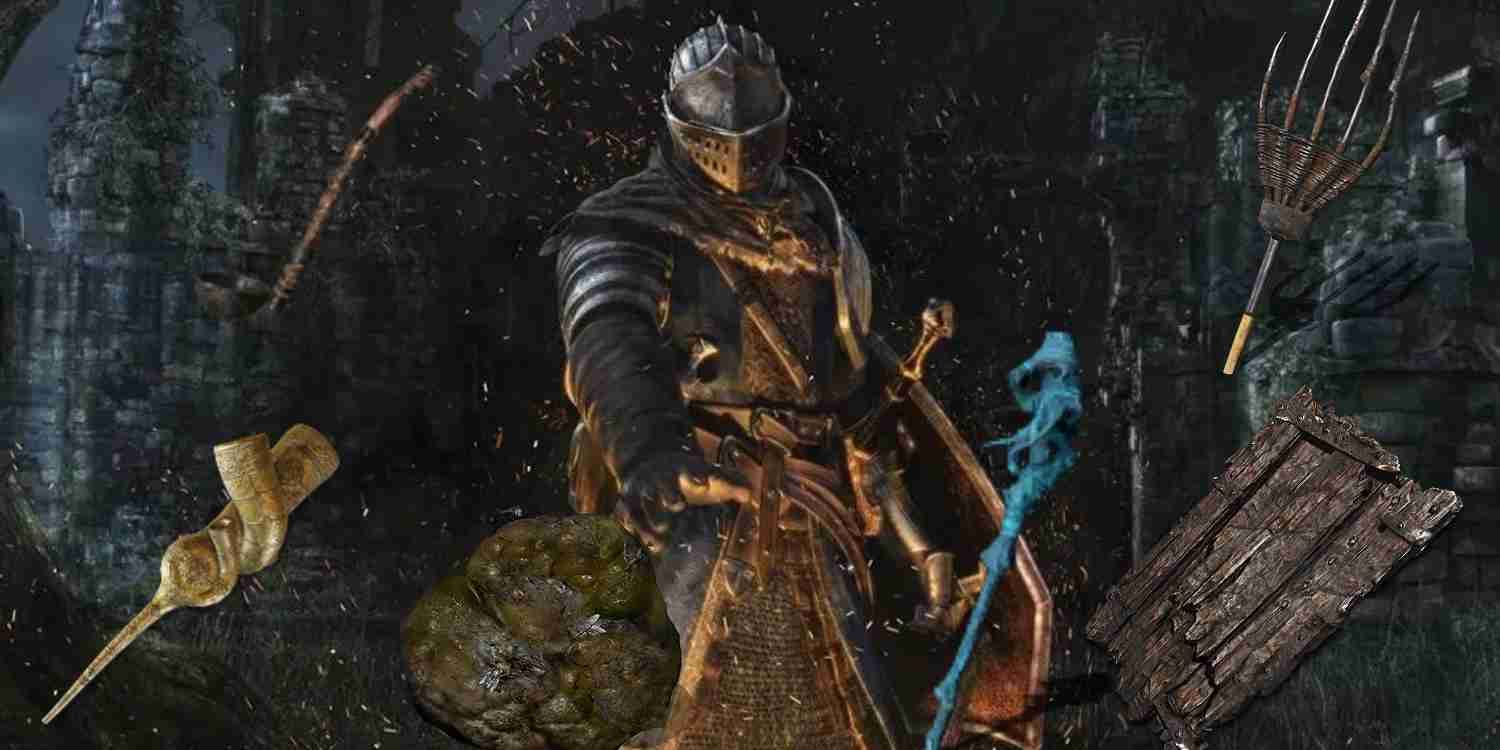 A header showing the chosen undead from Dark Souls surrounded by joke and weak items.