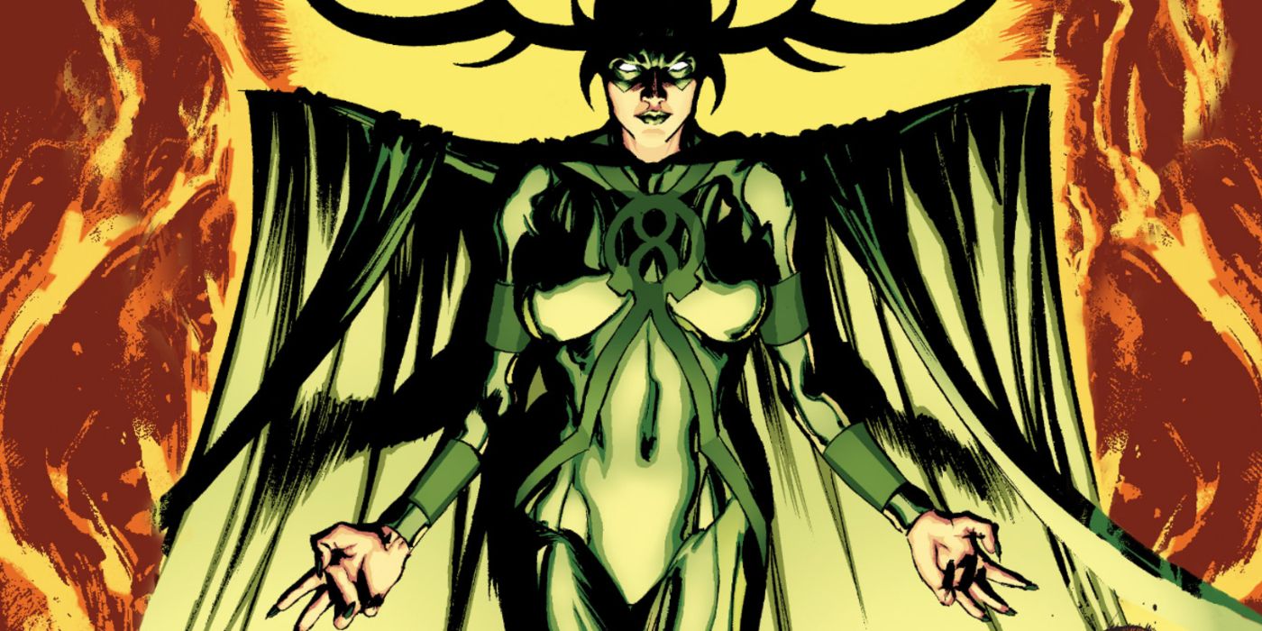 Hela wearing her suit and cloak in the comics with the fires of Hel behind her.