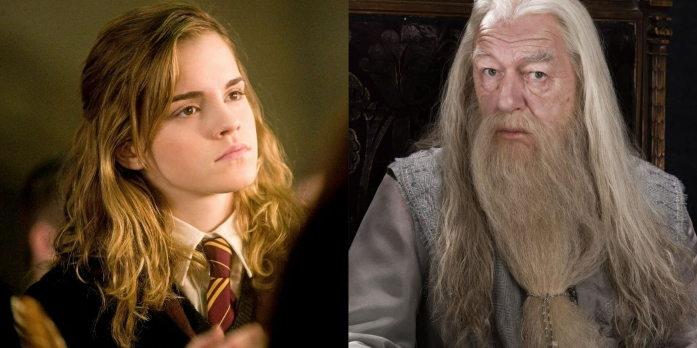 A split image showing Hermione on the left and Dumbledore on the right from Harry Potter