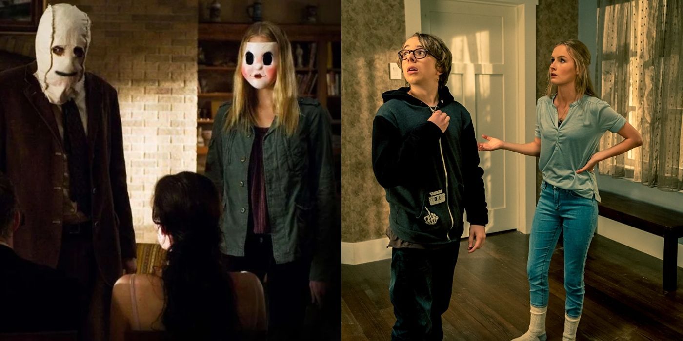 Split image of the masked intruders in The Strangers and Garrett and Ashley in Better Watch Out