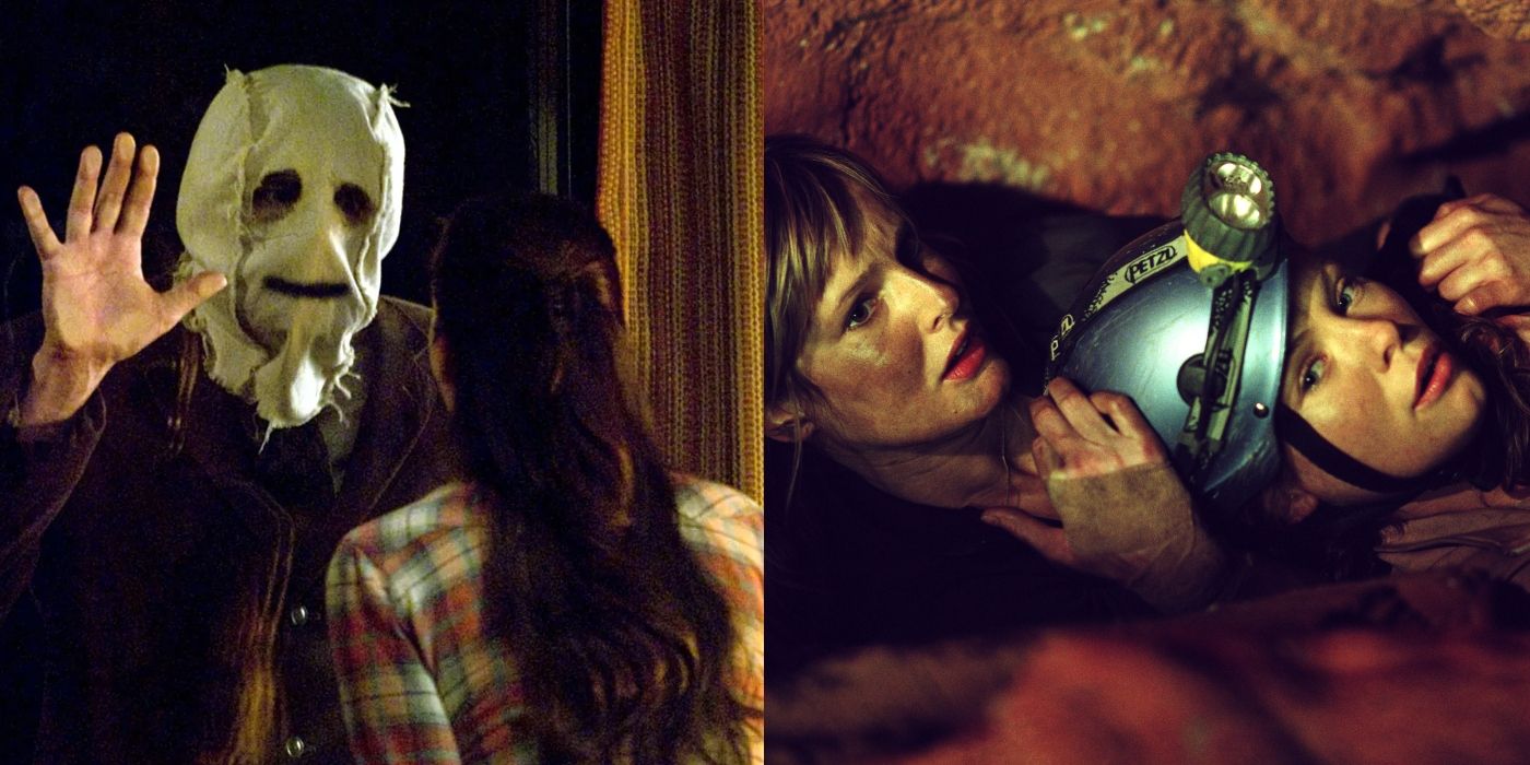 Split image of a masked intruder and Kristen in The Strangers and people in a cave in The Descent