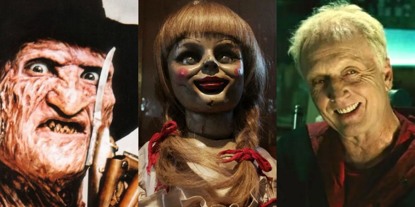 Split image with Freddy Krueger from A Nightmare On Elm Street, Annabelle from The Conjuring franchise, and Jigsaw from the Saw franchise. 